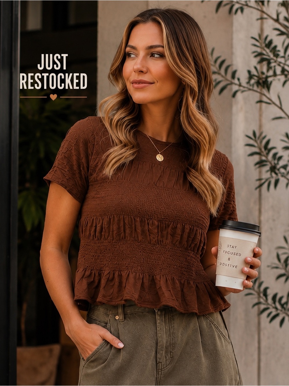 425. Women’s Toffee Smocked Ruffle Hem Short Sleeve Top